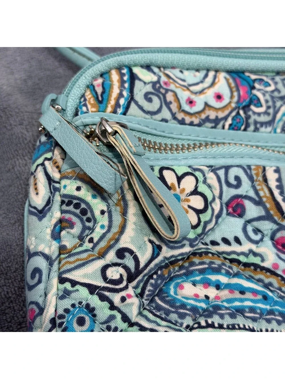 Vera Bradley RFID All in One Crossbody Bag Quilted Paisley Turquoise Blue Wallet